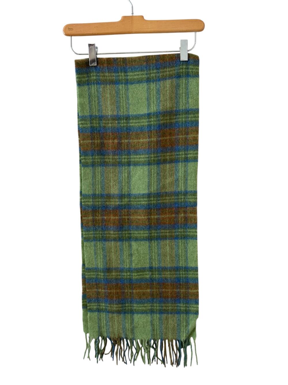 LL Bean Green Plaid Lambswool Fringed Scarf